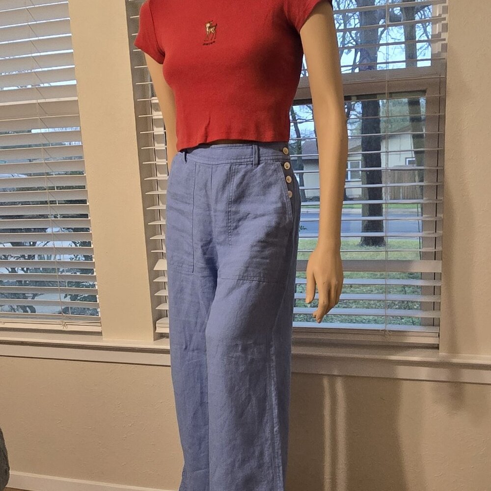POLO 6 Ralph Lauren 80's Preppy nautical blue linen side button pants wide leg